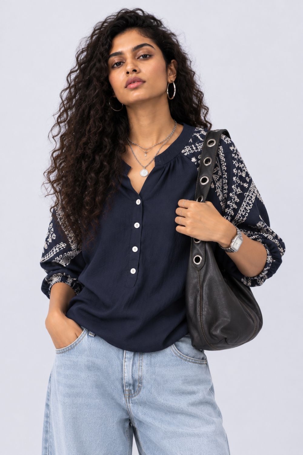 Womens Navy Embroidered Sleeve Button Front Top - Image 1
