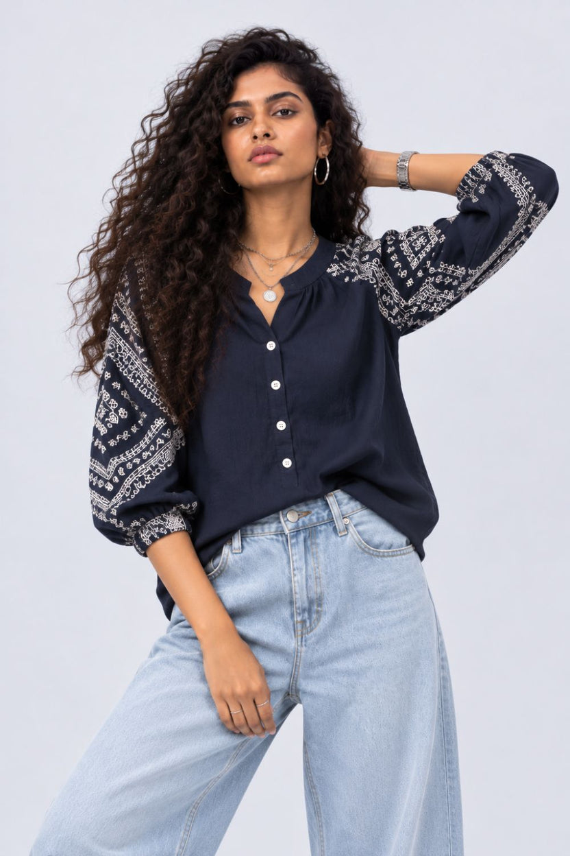 Womens Navy Embroidered Sleeve Button Front Top - Image 2