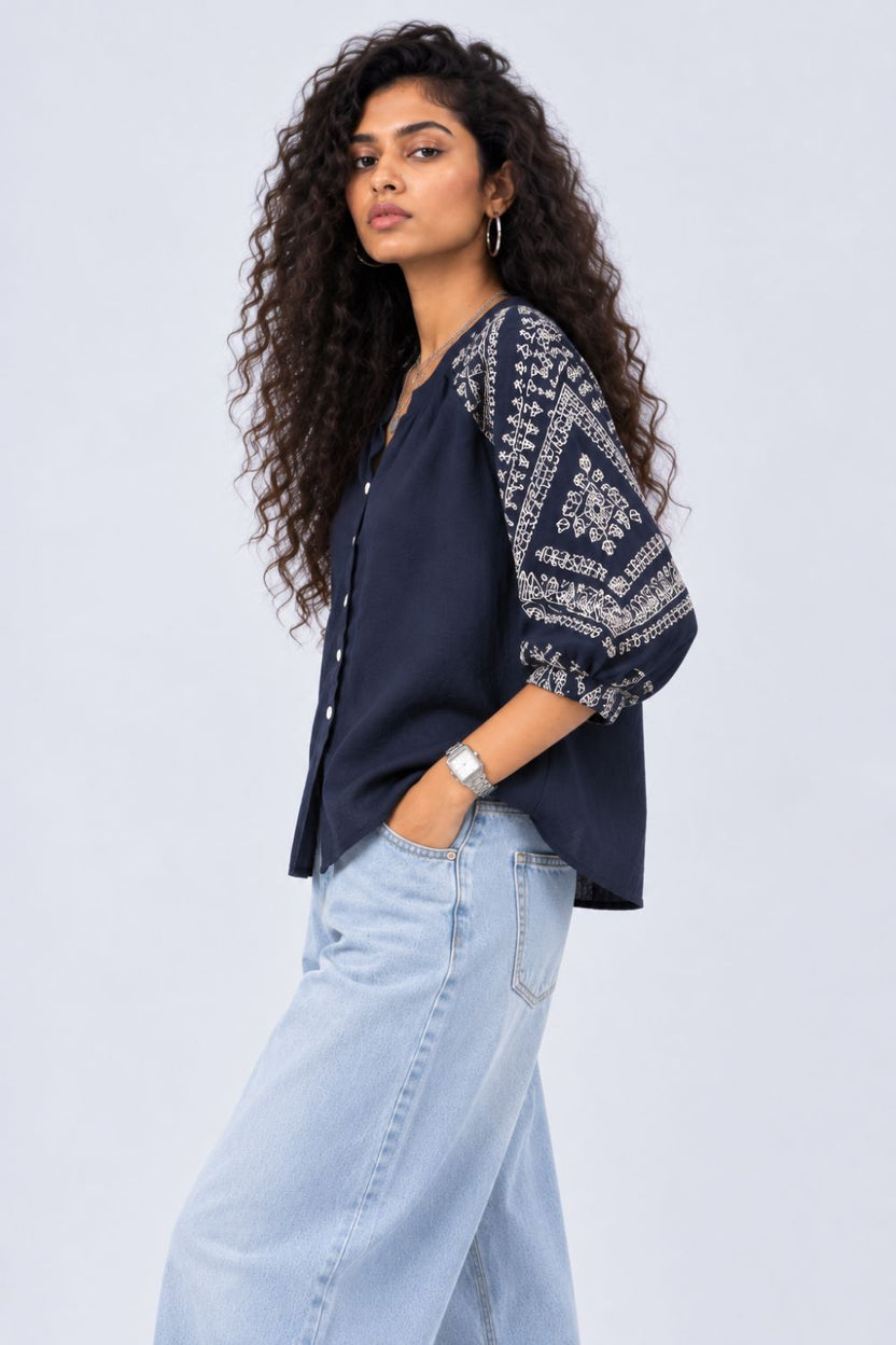 Womens Navy Embroidered Sleeve Button Front Top - Image 4