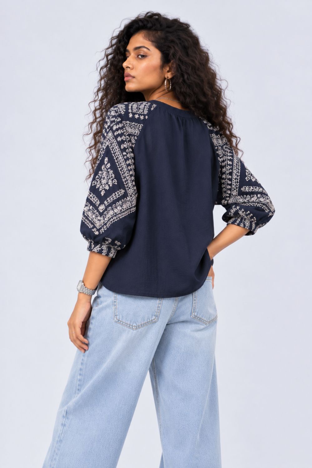 Womens Navy Embroidered Sleeve Button Front Top - Image 5