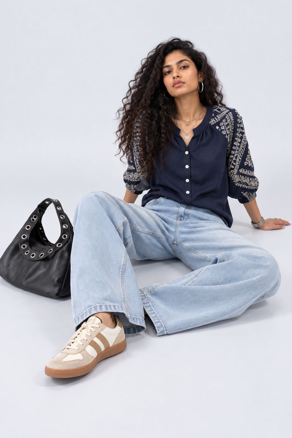 Womens Navy Embroidered Sleeve Button Front Top - Image 6