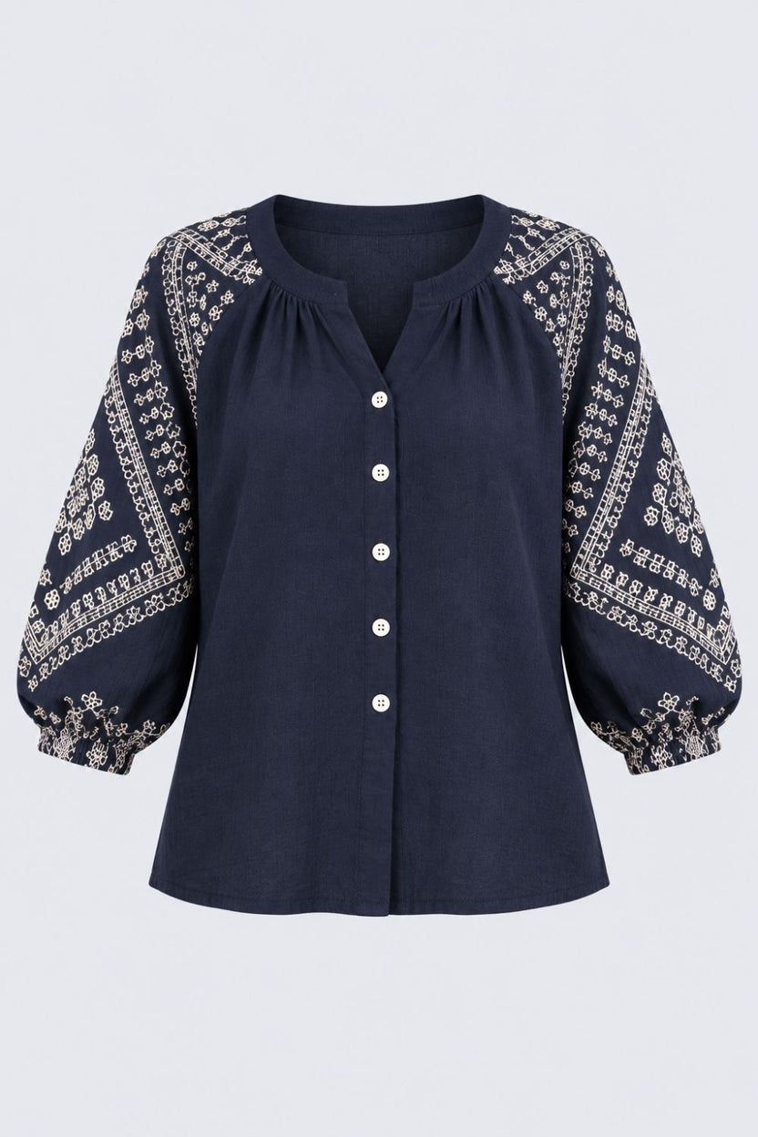 Womens Navy Embroidered Sleeve Button Front Top - Image 7