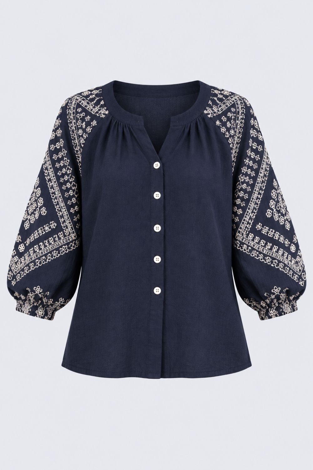 Womens Navy Embroidered Sleeve Button Front Top - Image 7