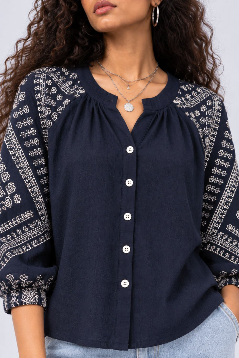 Womens Navy Embroidered Sleeve Button Front Top - Image 9