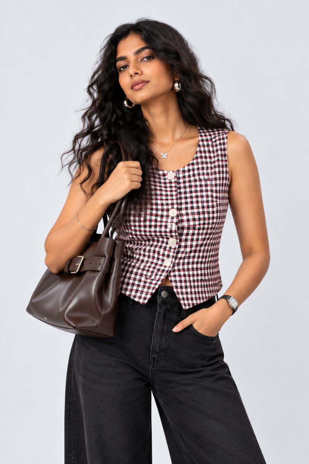 Black Checkered Button-Front Sleeveless Top - Image 1