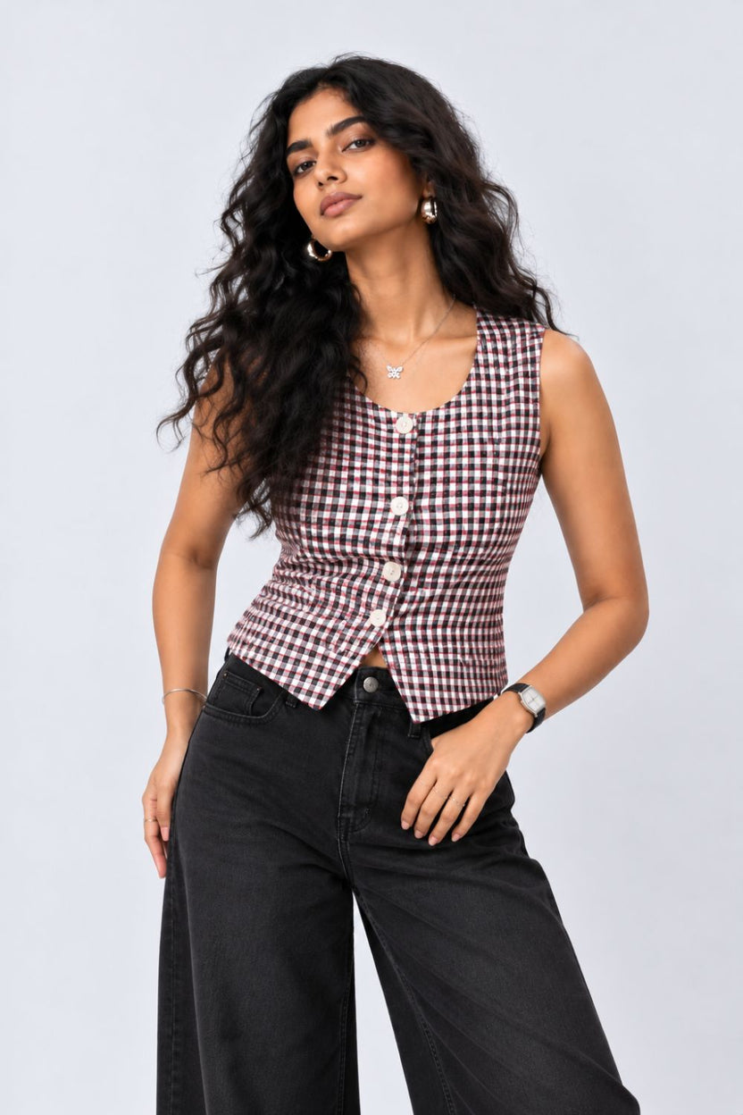 Black Checkered Button-Front Sleeveless Top - Image 2