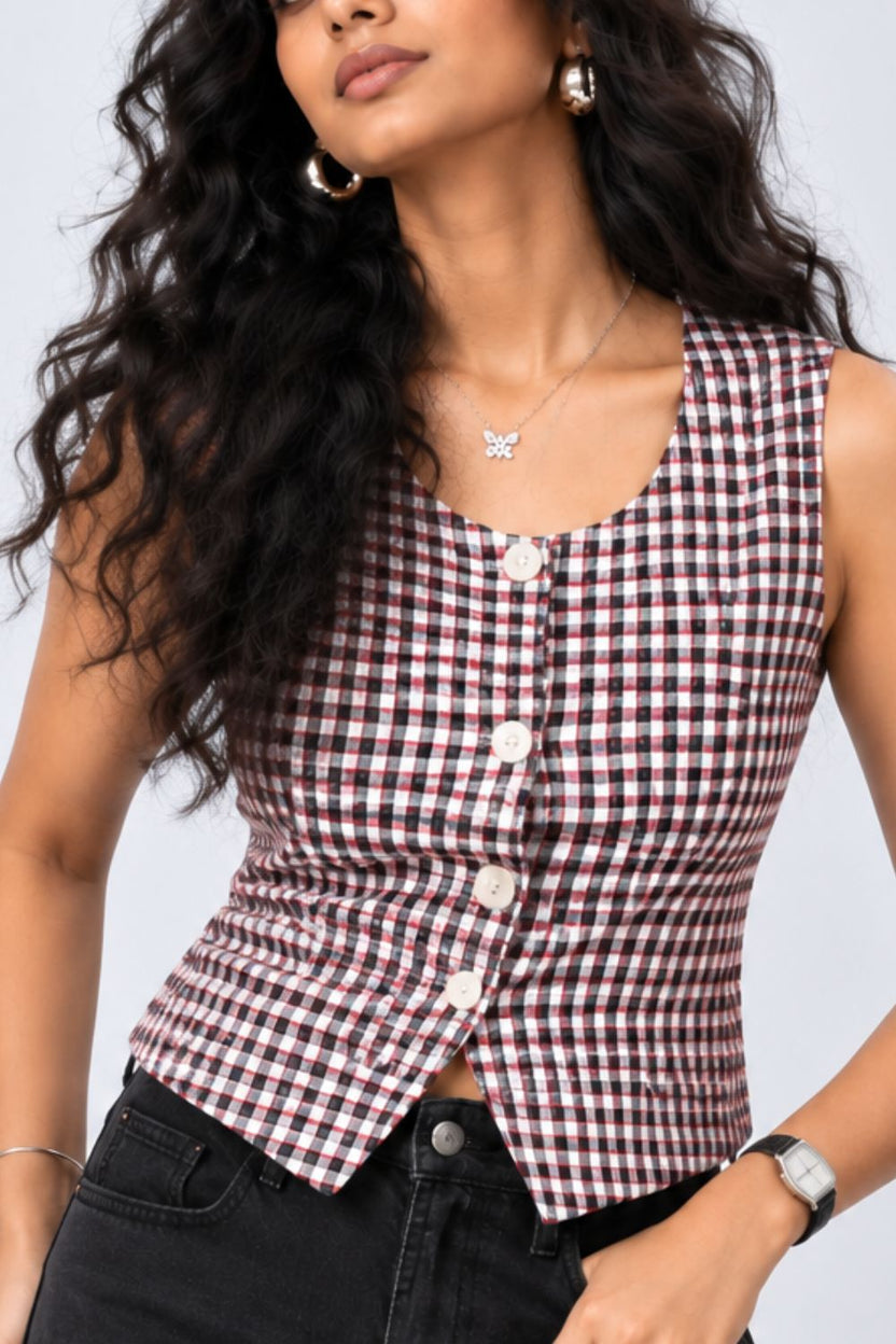 Black Checkered Button-Front Sleeveless Top - Image 3