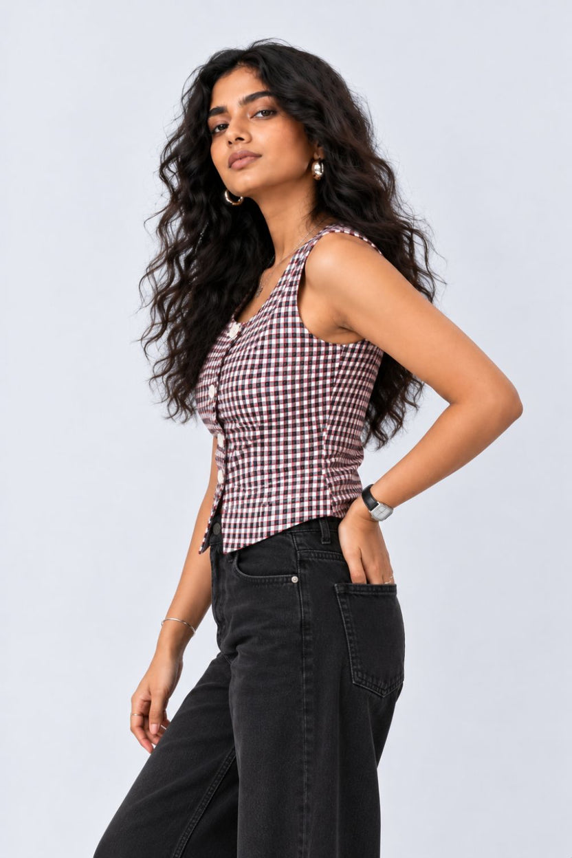 Black Checkered Button-Front Sleeveless Top - Image 4