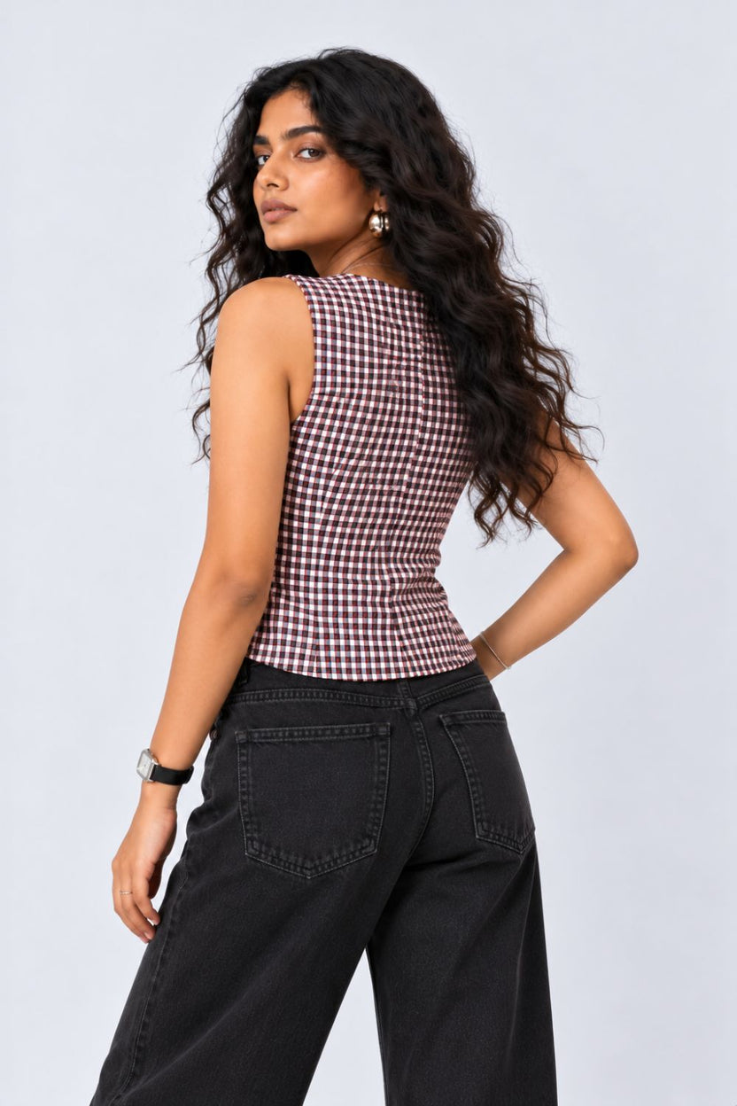 Black Checkered Button-Front Sleeveless Top - Image 5