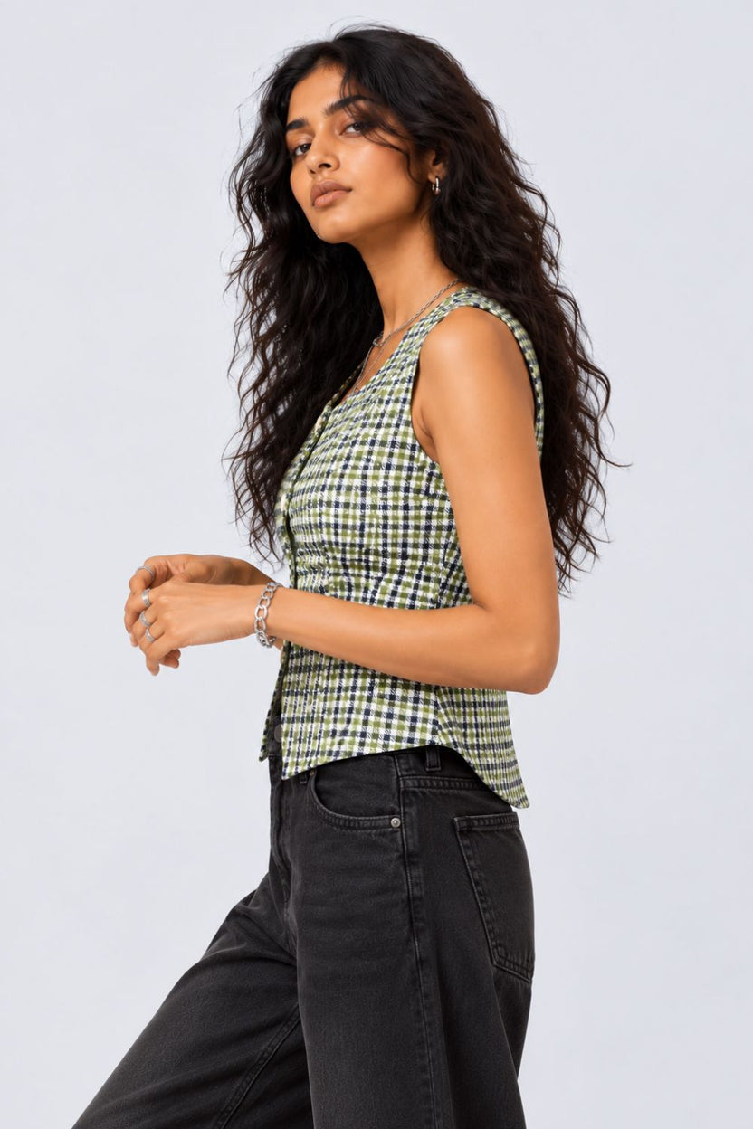 Green Checkered Button-Front Sleeveless Top - Image 2