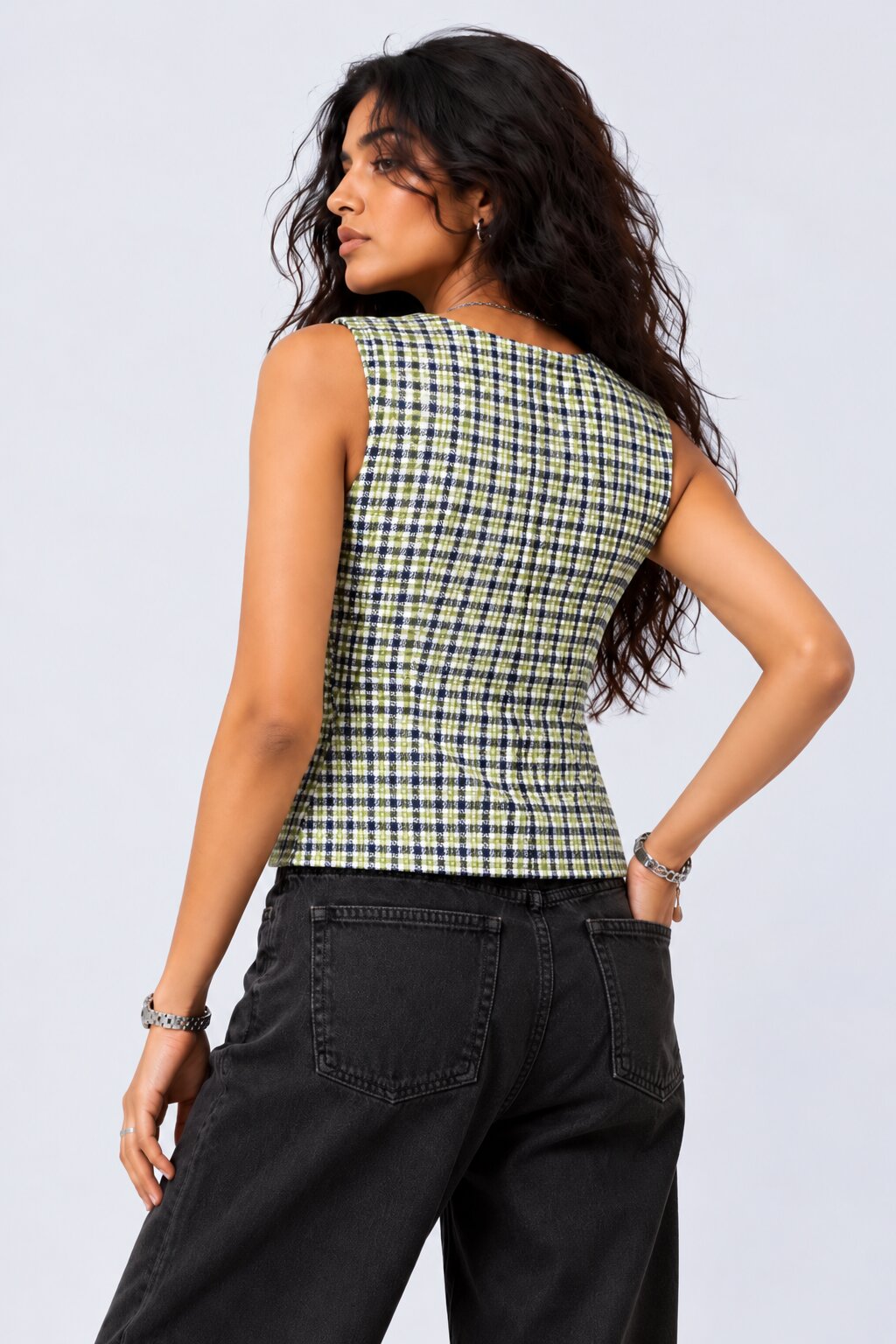 Green Checkered Button-Front Sleeveless Top - Image 4