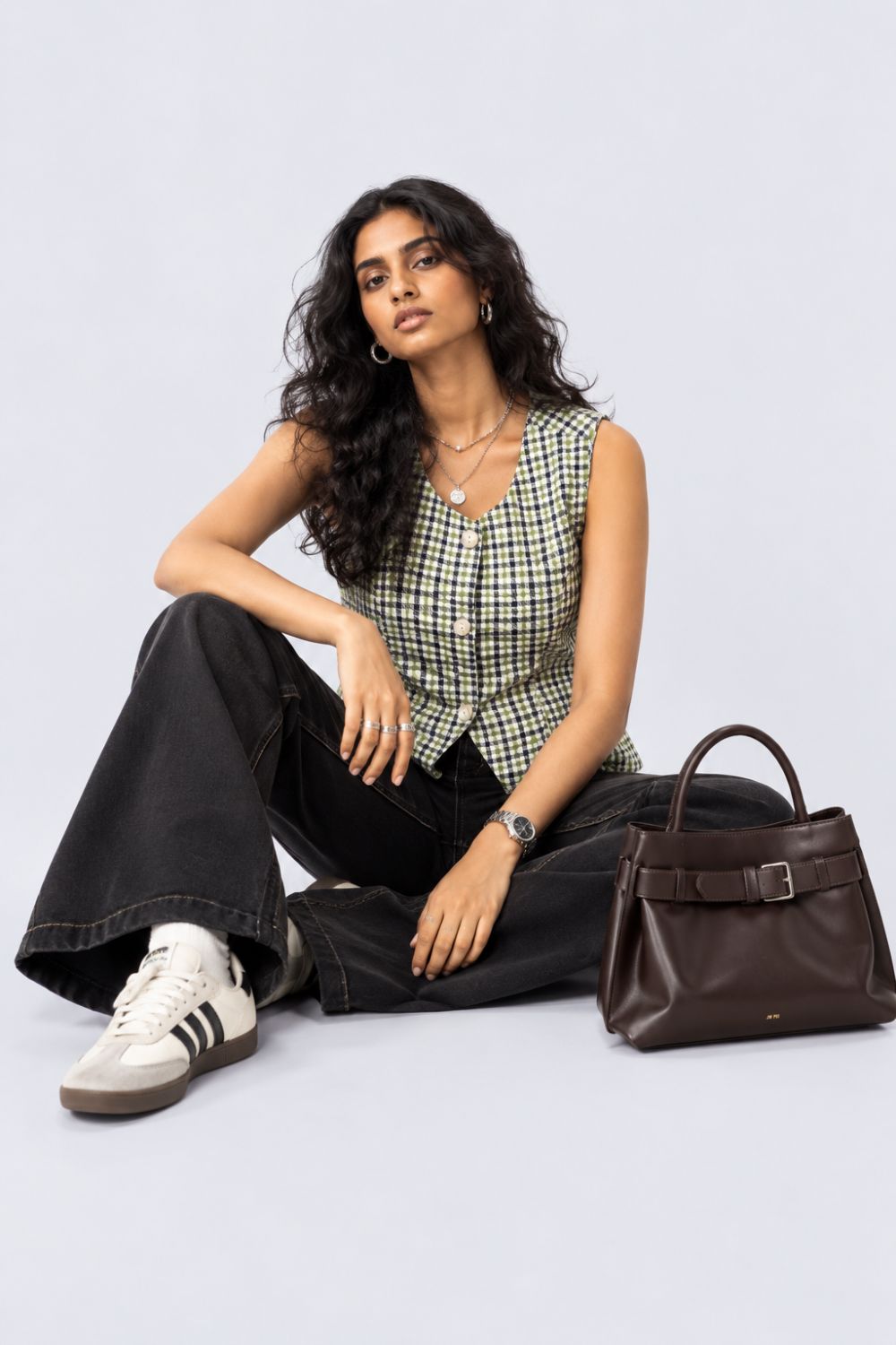Green Checkered Button-Front Sleeveless Top - Image 5