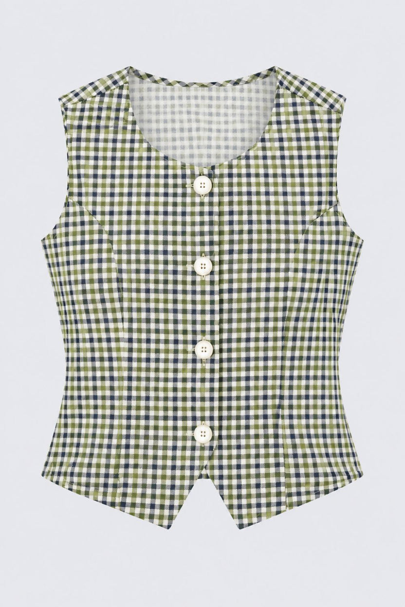 Green Checkered Button-Front Sleeveless Top - Image 6