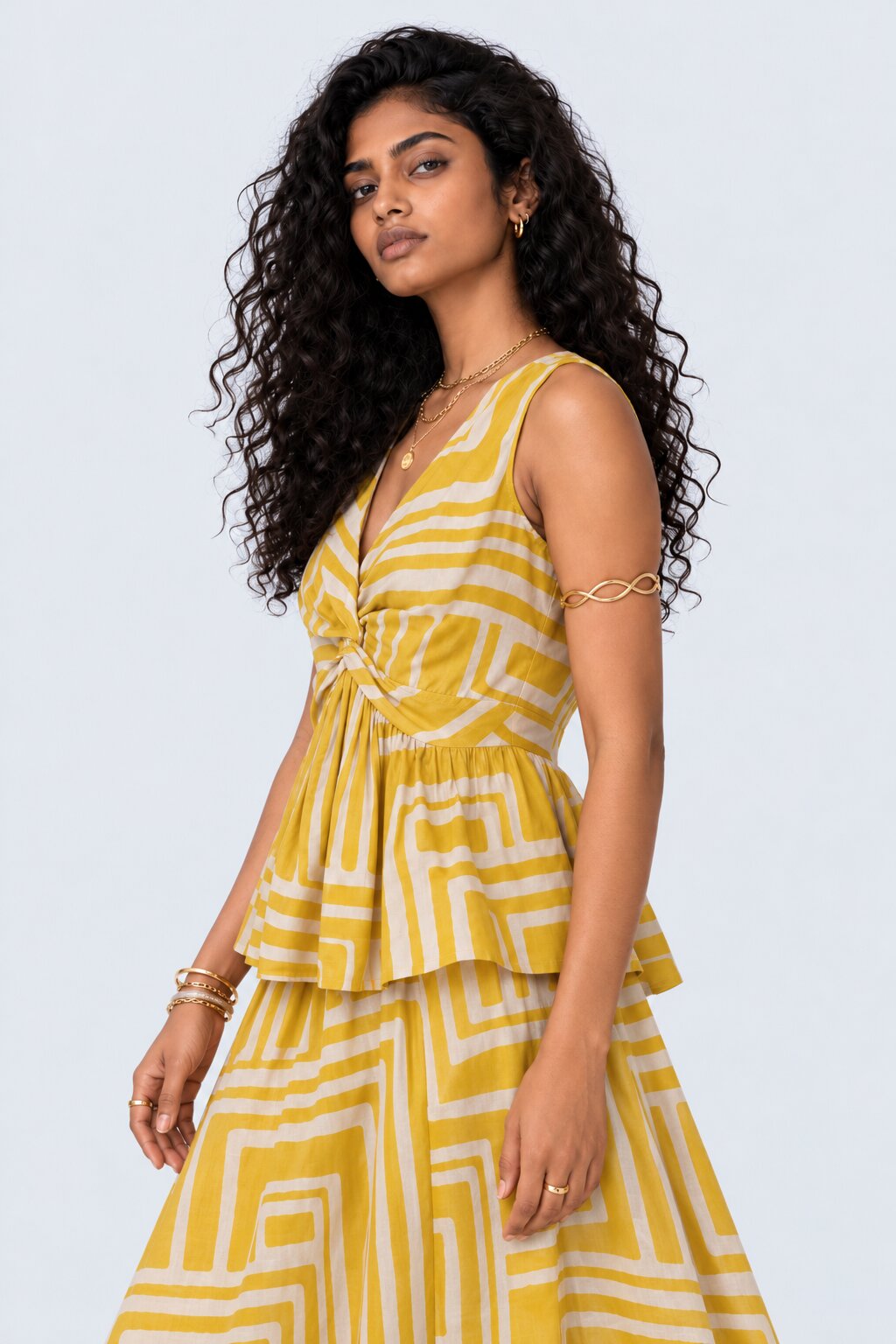 Womens Yellow Geometric Print Peplum Top - Image 3