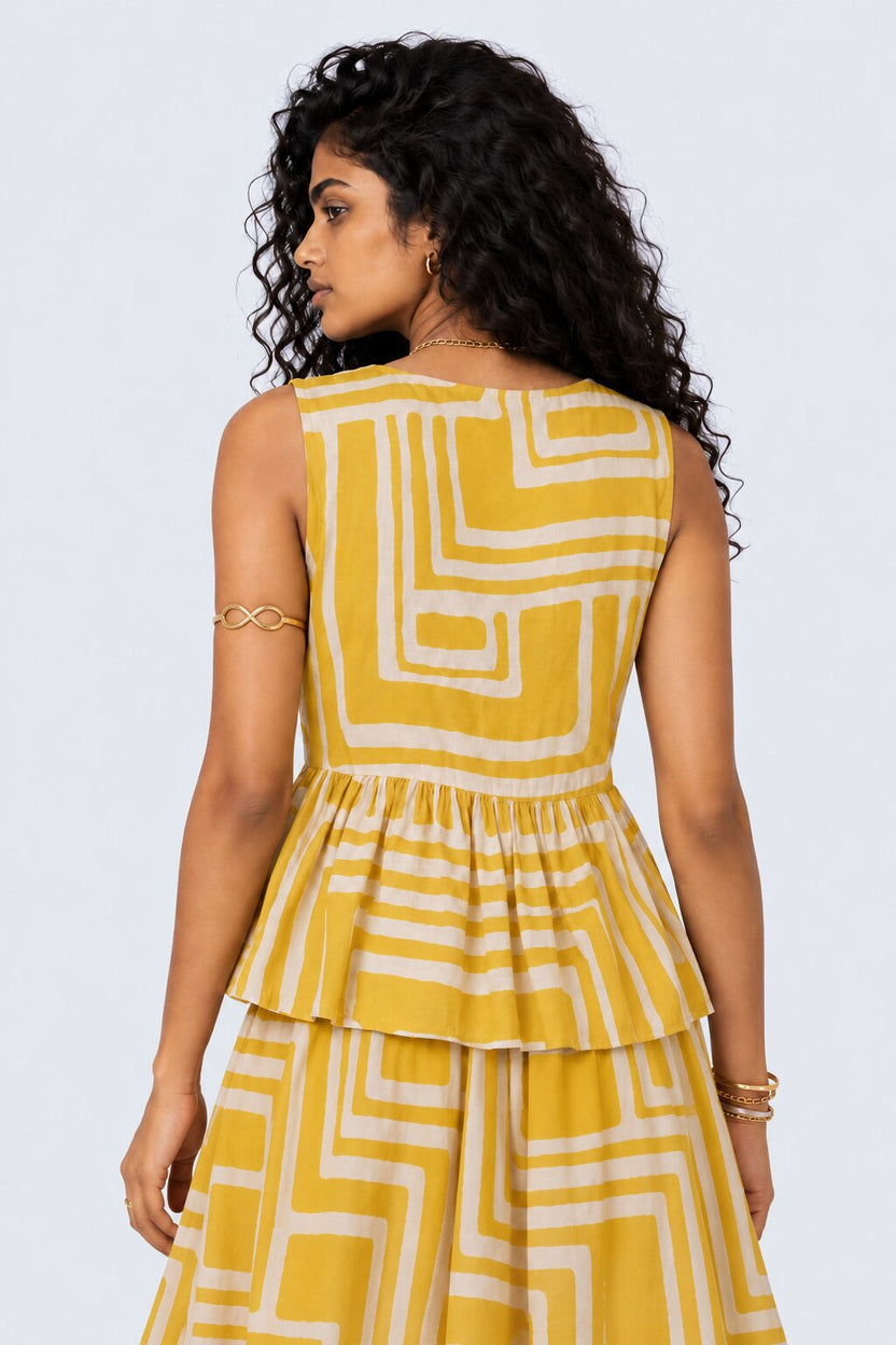 Womens Yellow Geometric Print Peplum Top - Image 4