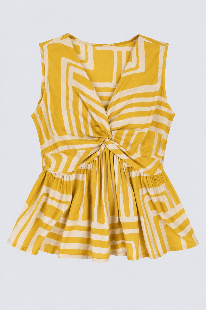 Womens Yellow Geometric Print Peplum Top - Image 5