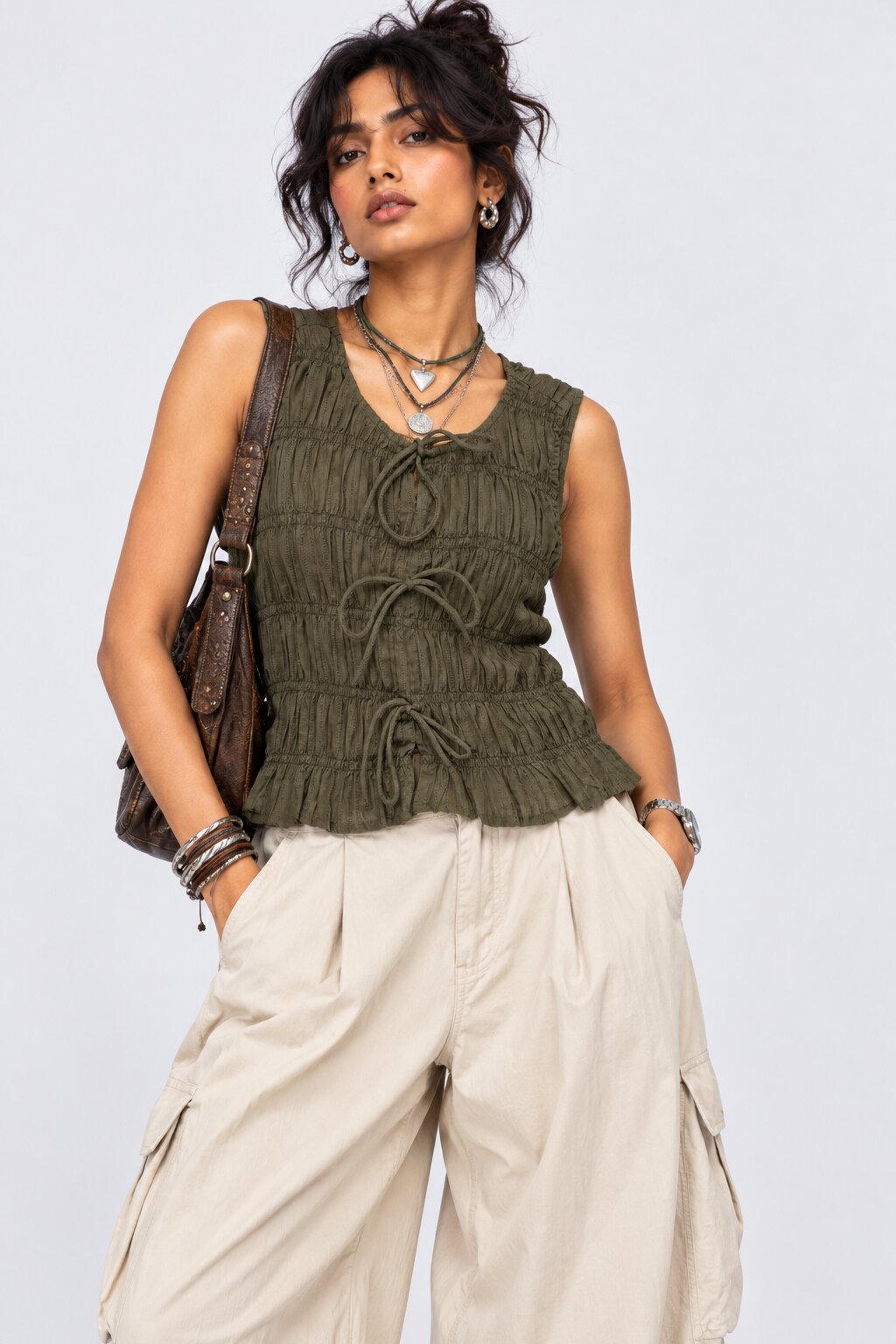 Olive Smocked Tie-Front Sleeveless Top - Image 1