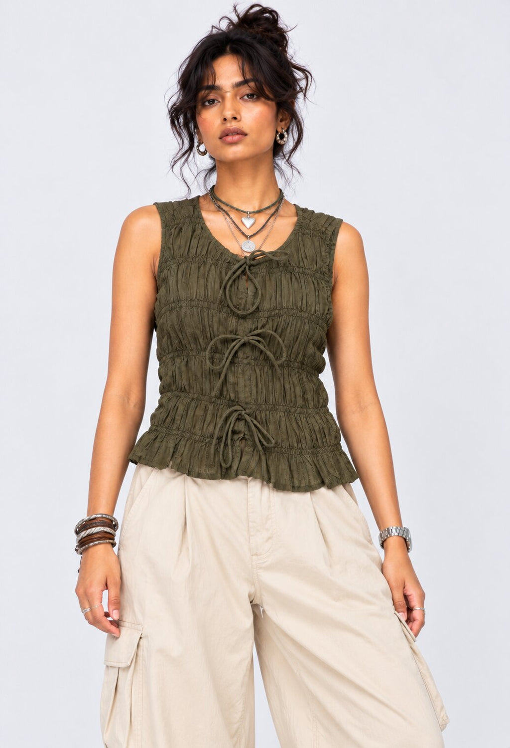 Olive Smocked Tie-Front Sleeveless Top - Image 2