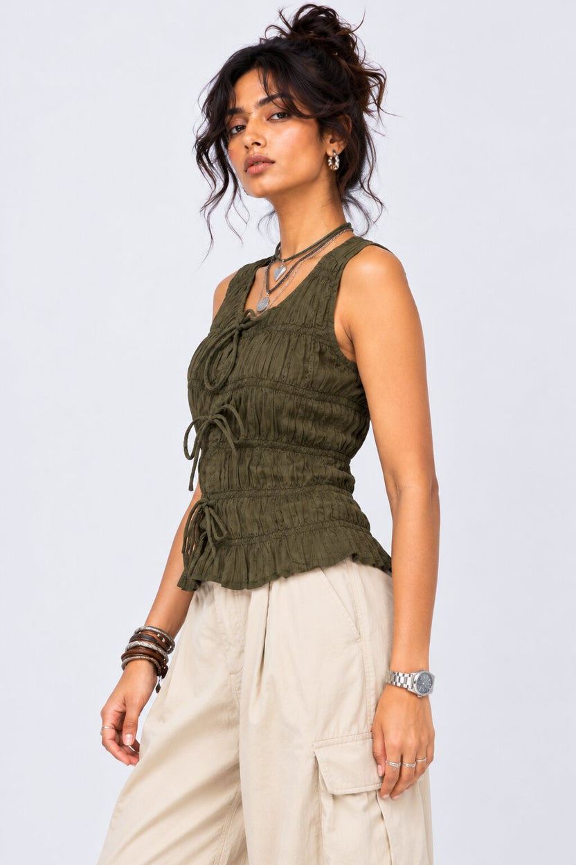 Olive Smocked Tie-Front Sleeveless Top - Image 4