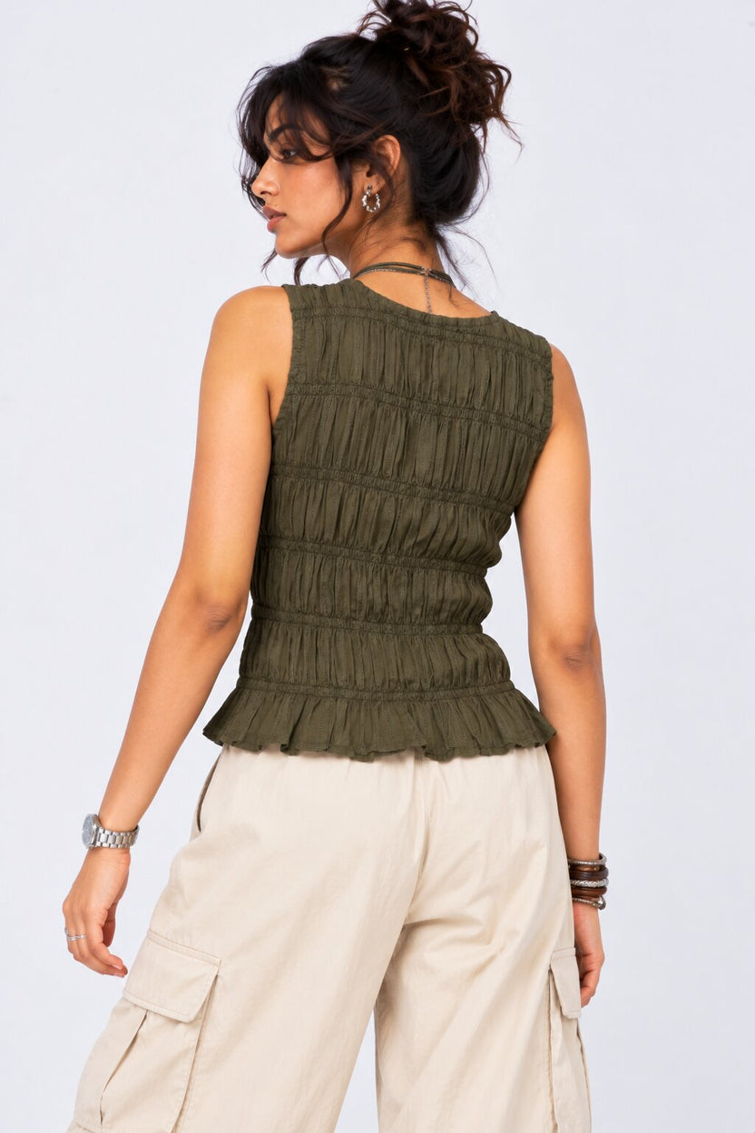 Olive Smocked Tie-Front Sleeveless Top - Image 5