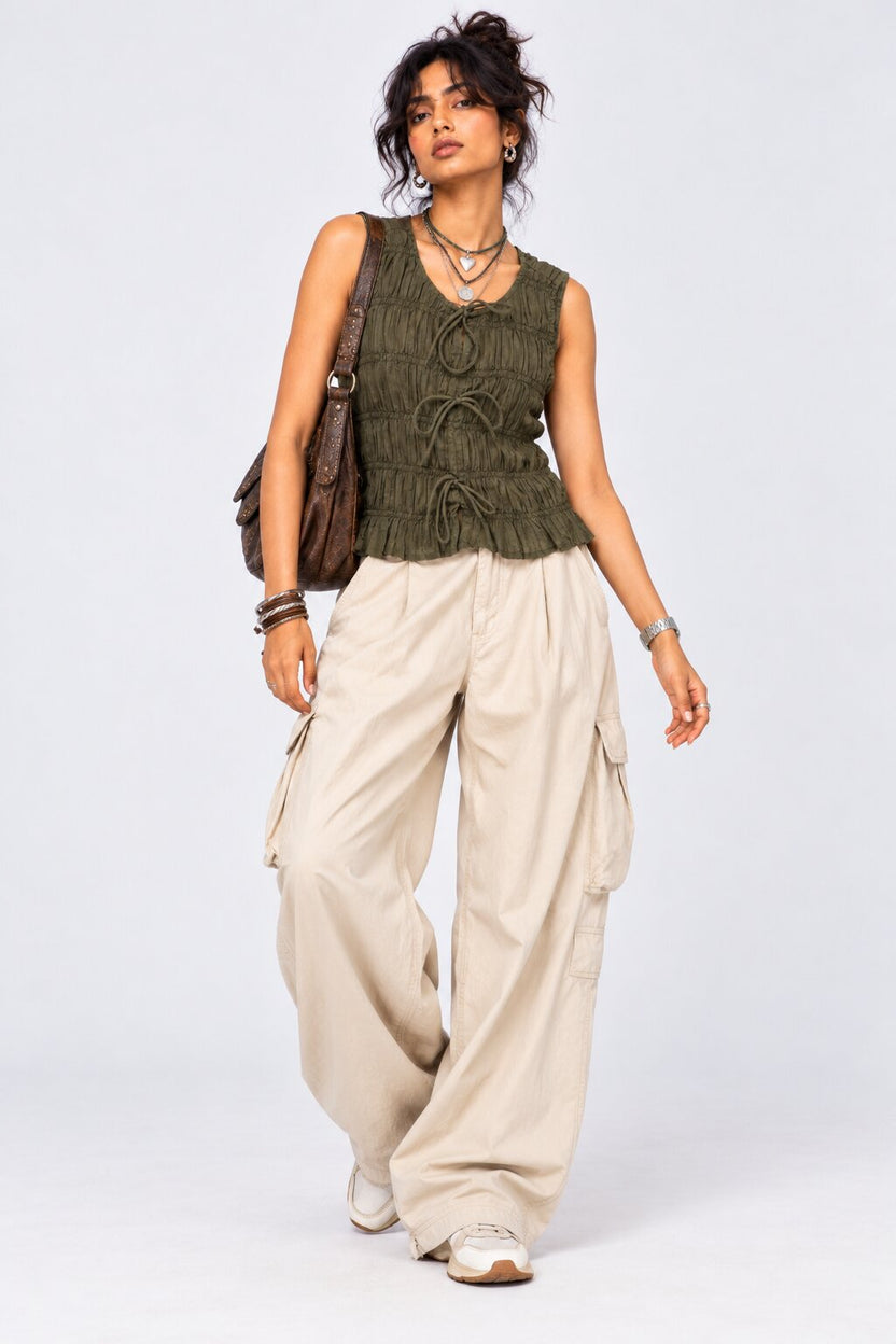 Olive Smocked Tie-Front Sleeveless Top - Image 6