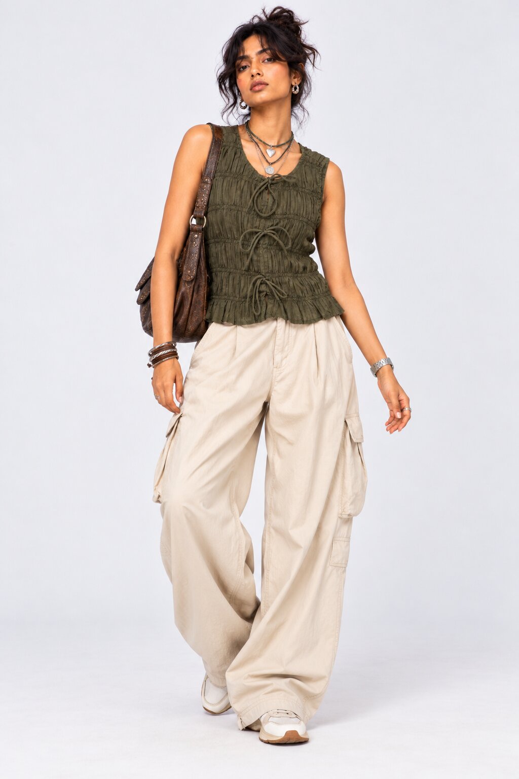 Olive Smocked Tie-Front Sleeveless Top - Image 6