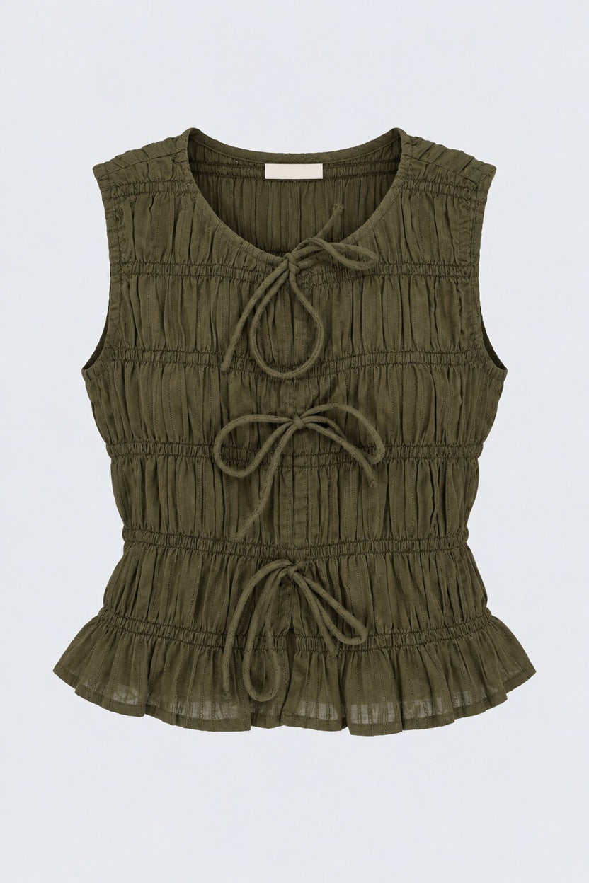 Olive Smocked Tie-Front Sleeveless Top - Image 7