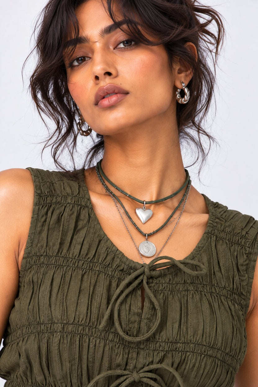 Olive Smocked Tie-Front Sleeveless Top - Image 9