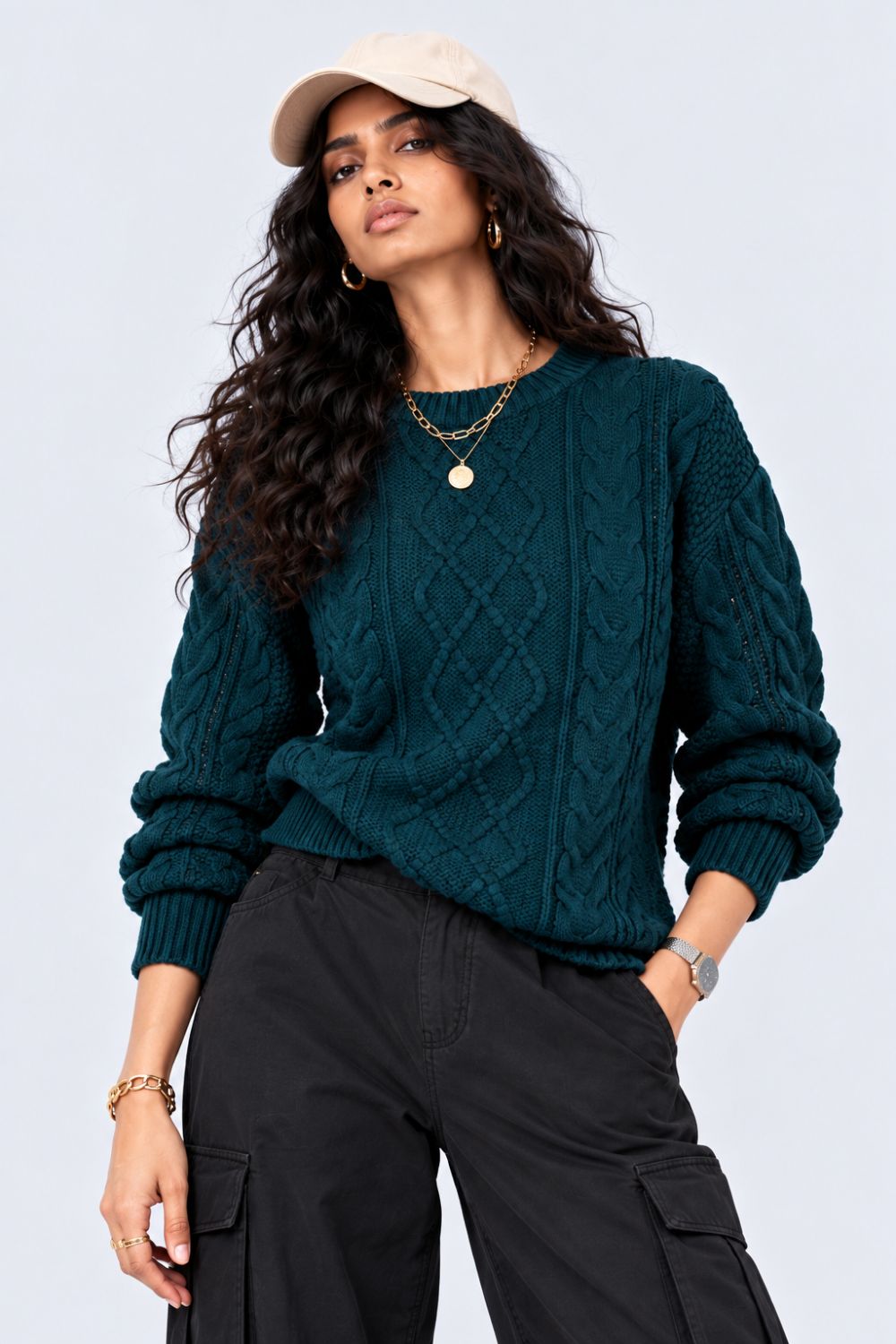Womens Textured Cable Knit Pullover Sweater - Image 1