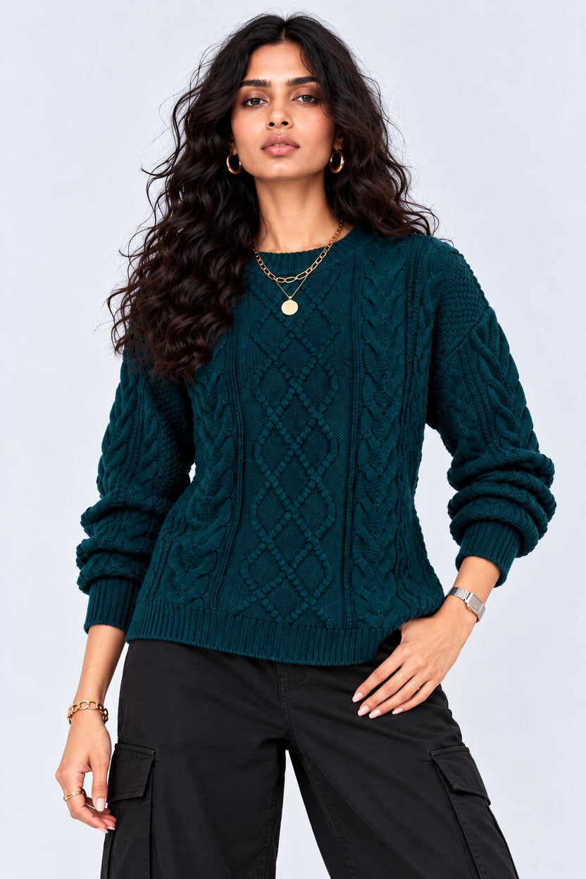Womens Textured Cable Knit Pullover Sweater - Image 2
