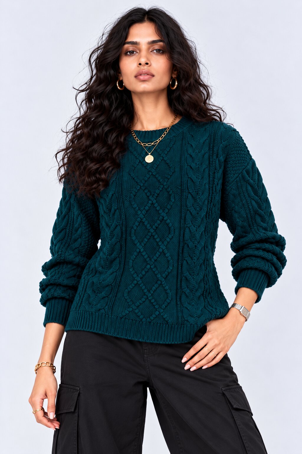 Womens Textured Cable Knit Pullover Sweater - Image 2