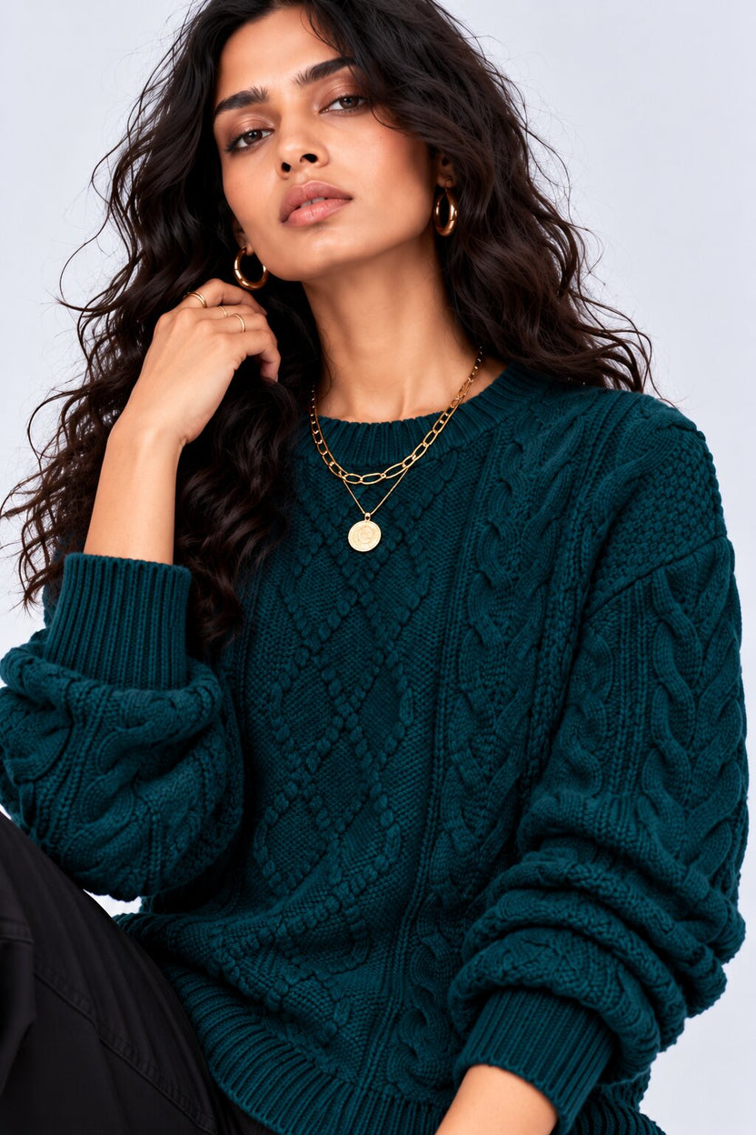 Womens Textured Cable Knit Pullover Sweater - Image 3