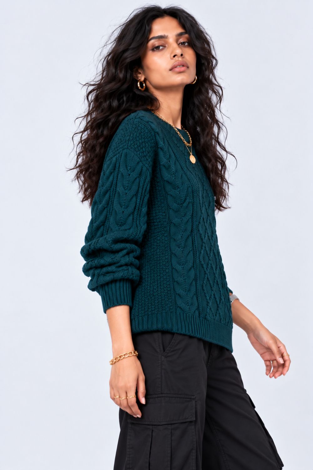 Womens Textured Cable Knit Pullover Sweater - Image 4