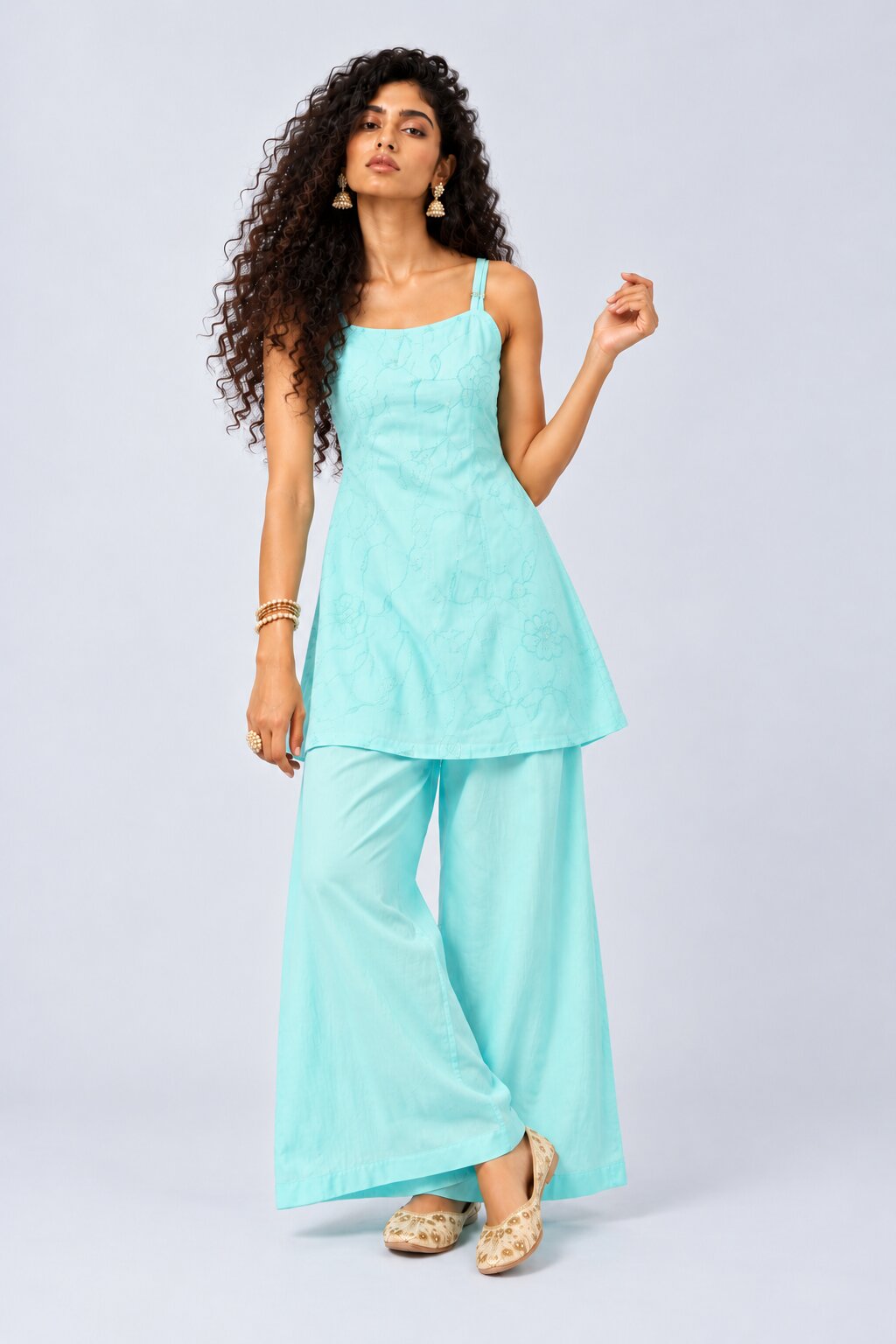 Womens Aqua Embroidered Strappy 3 Pcs Set - Image 1