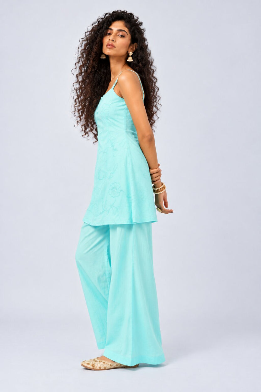 Womens Aqua Embroidered Strappy 3 Pcs Set - Image 4
