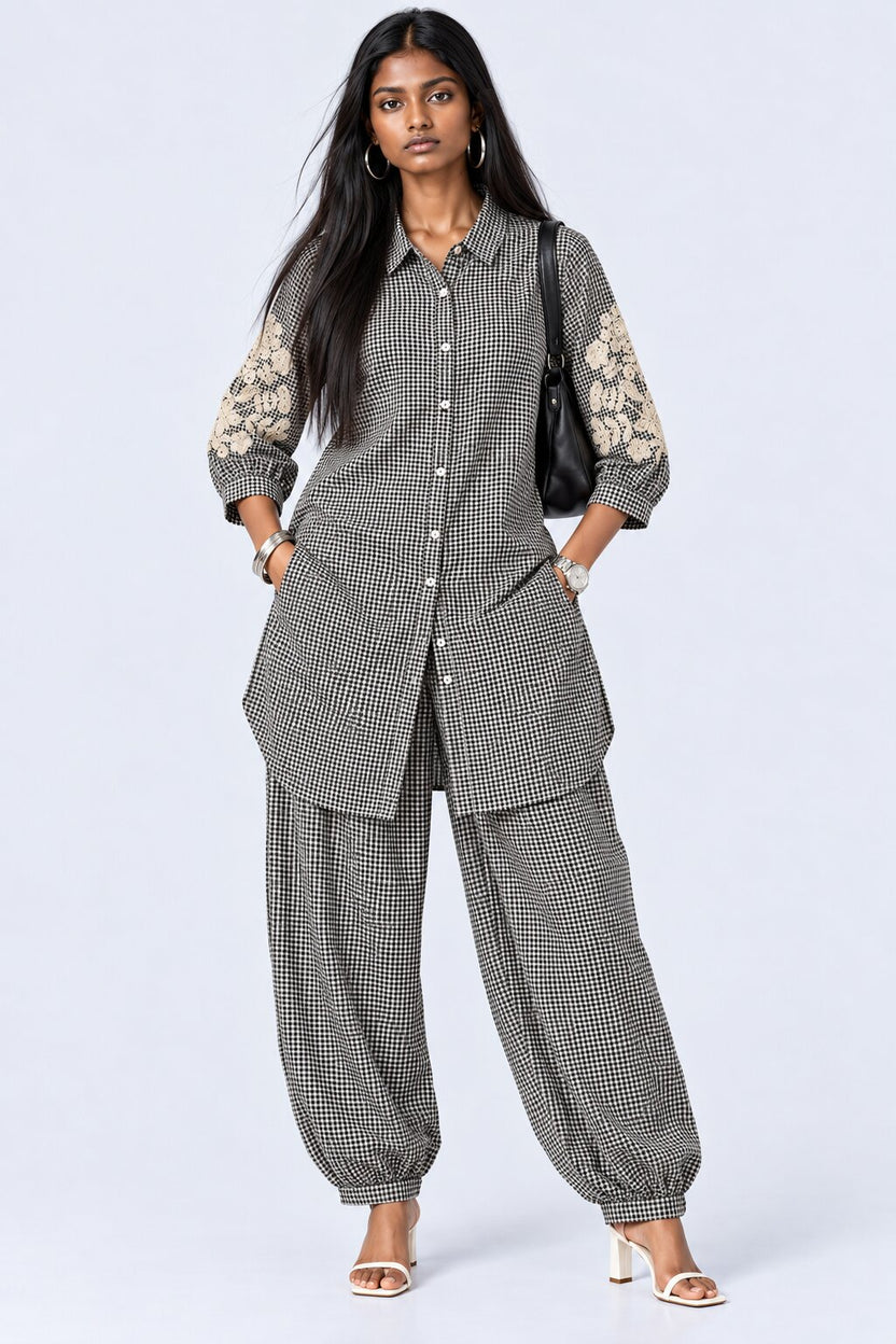 Womens Black Gingham Lace Detail Co-Ord Set - Image 1