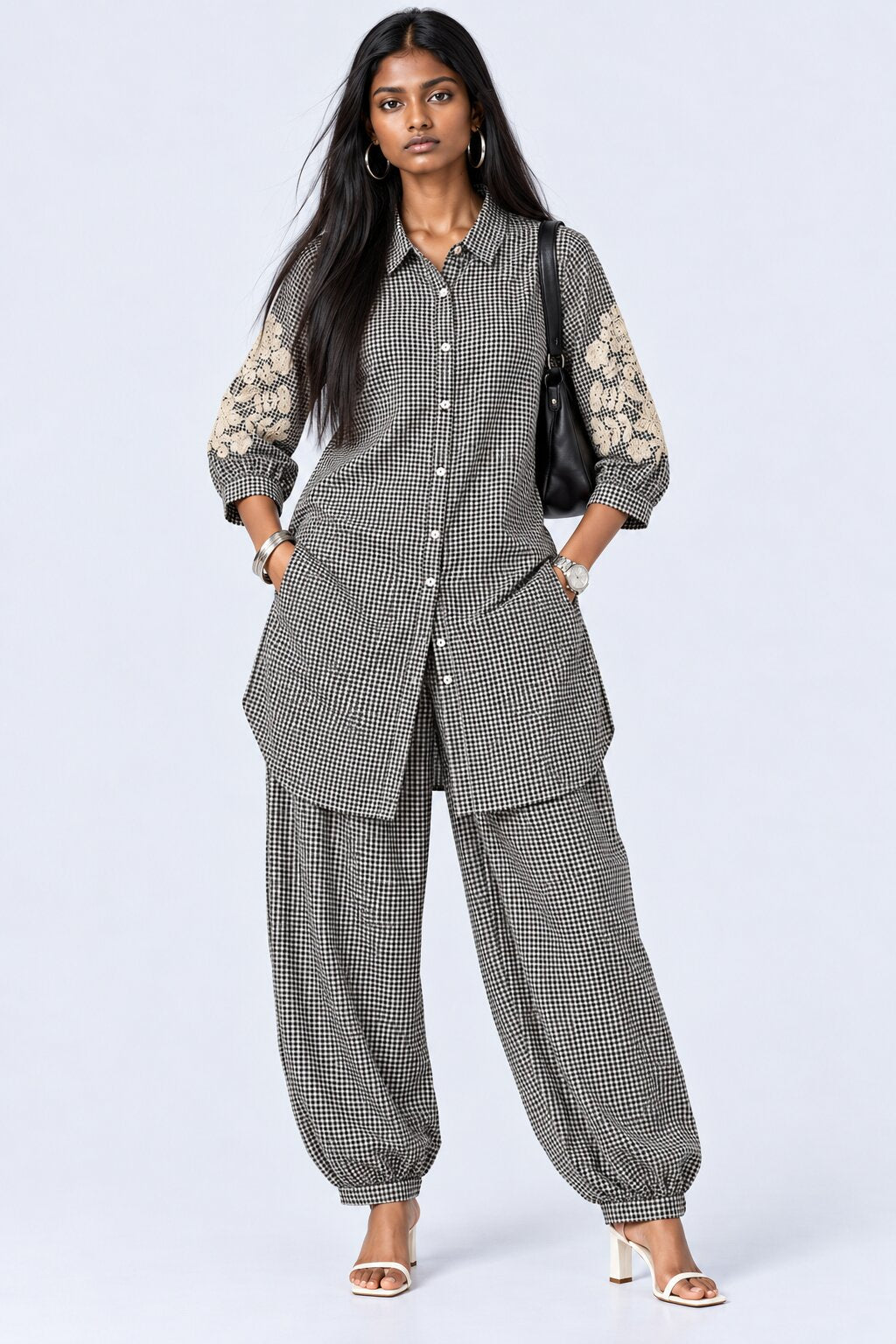 Womens Black Gingham Lace Detail Co-Ord Set - Image 1