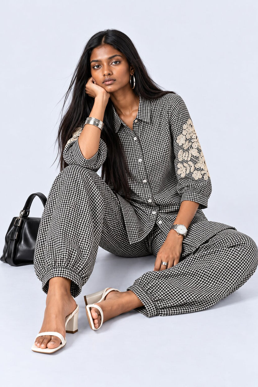Womens Black Gingham Lace Detail Co-Ord Set - Image 7
