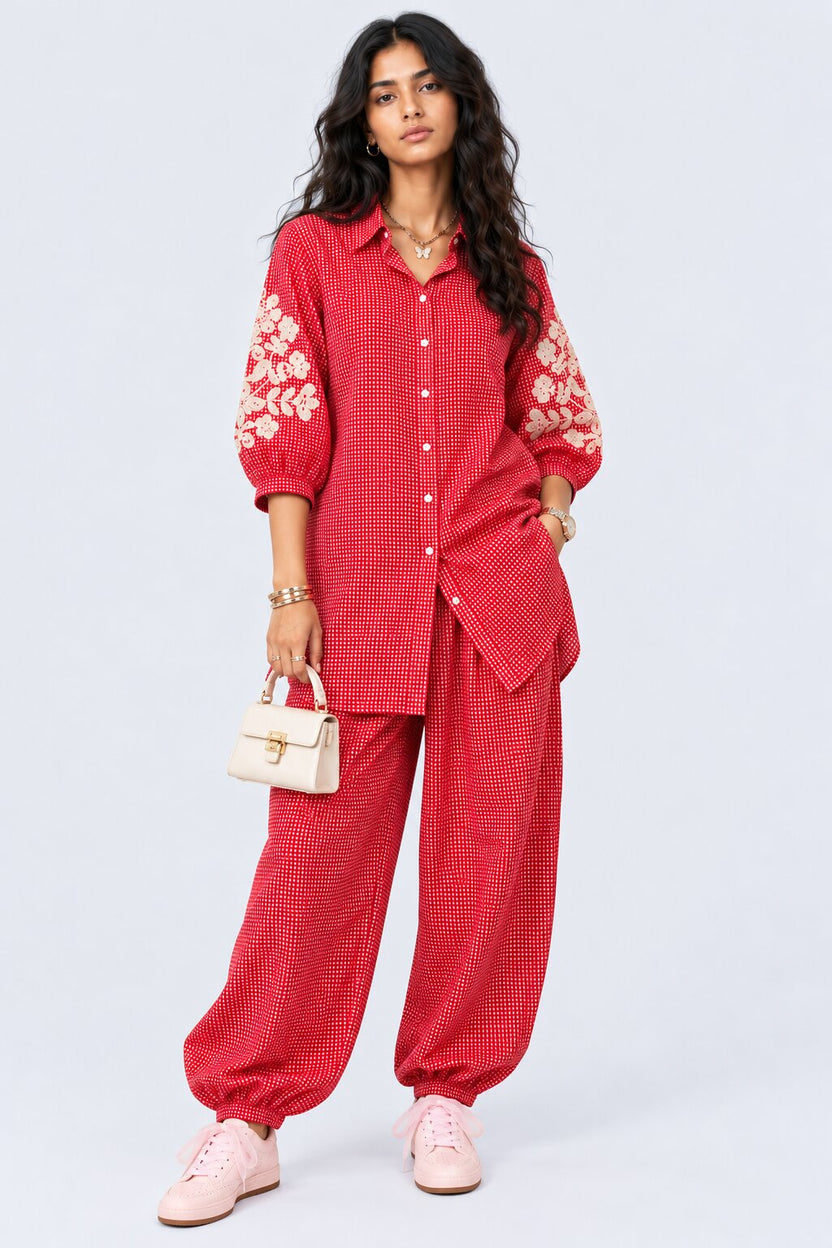 Womens Red Gingham Lace Detail Co-Ord Set - Image 1