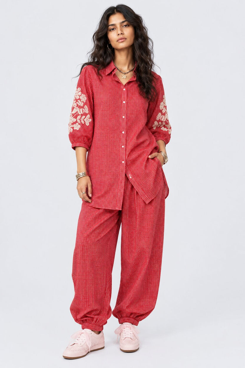 Womens Red Gingham Lace Detail Co-Ord Set - Image 2