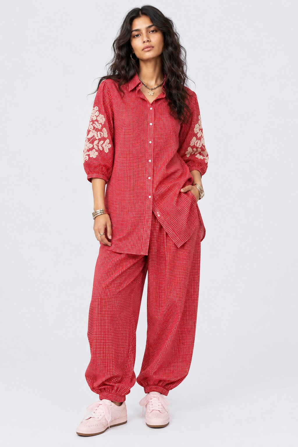 Womens Red Gingham Lace Detail Co-Ord Set - Image 2