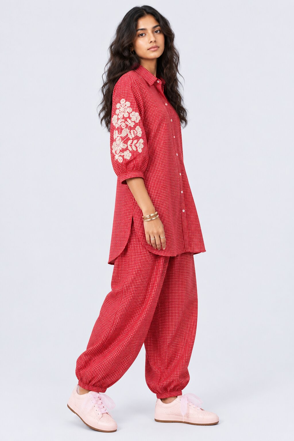 Womens Red Gingham Lace Detail Co-Ord Set - Image 5