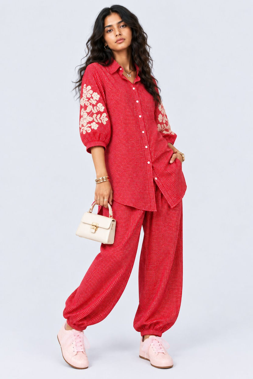 Womens Red Gingham Lace Detail Co-Ord Set - Image 7