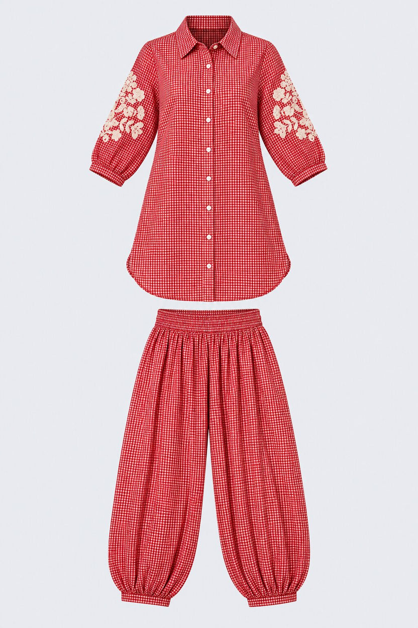 Womens Red Gingham Lace Detail Co-Ord Set - Image 8