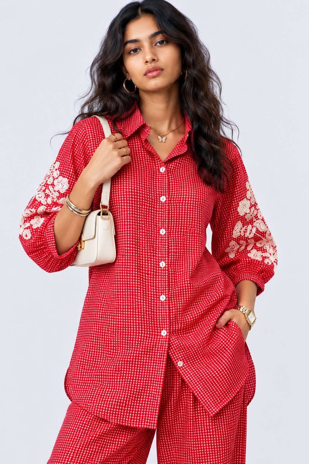 Womens Red Gingham Lace Detail Co-Ord Set - Image 10