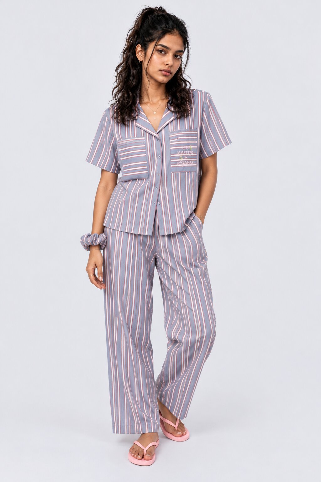 Womens Blue Striped Twill Braless Pyjama Set - Image 1
