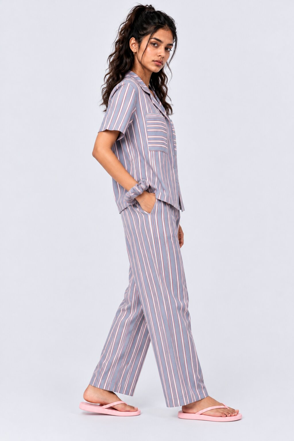 Womens Blue Striped Twill Braless Pyjama Set - Image 4