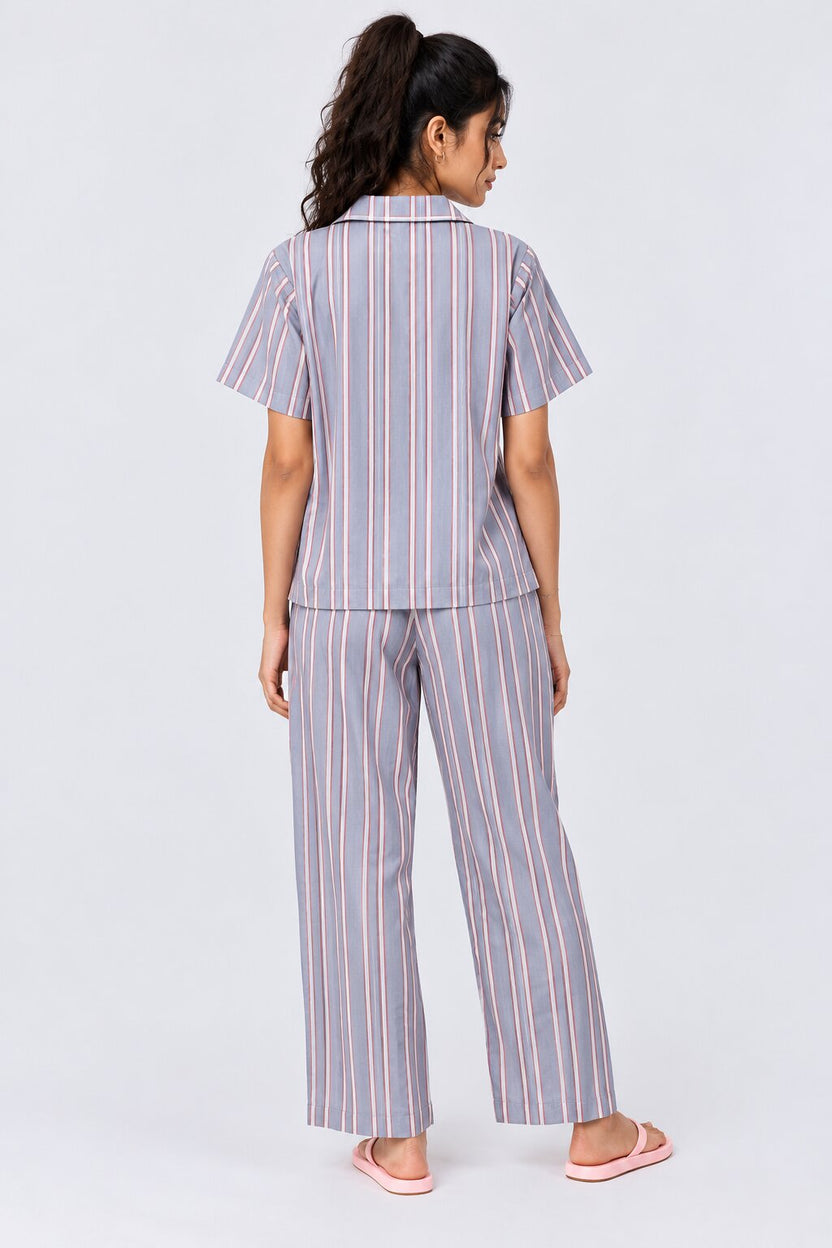 Womens Blue Striped Twill Braless Pyjama Set - Image 5
