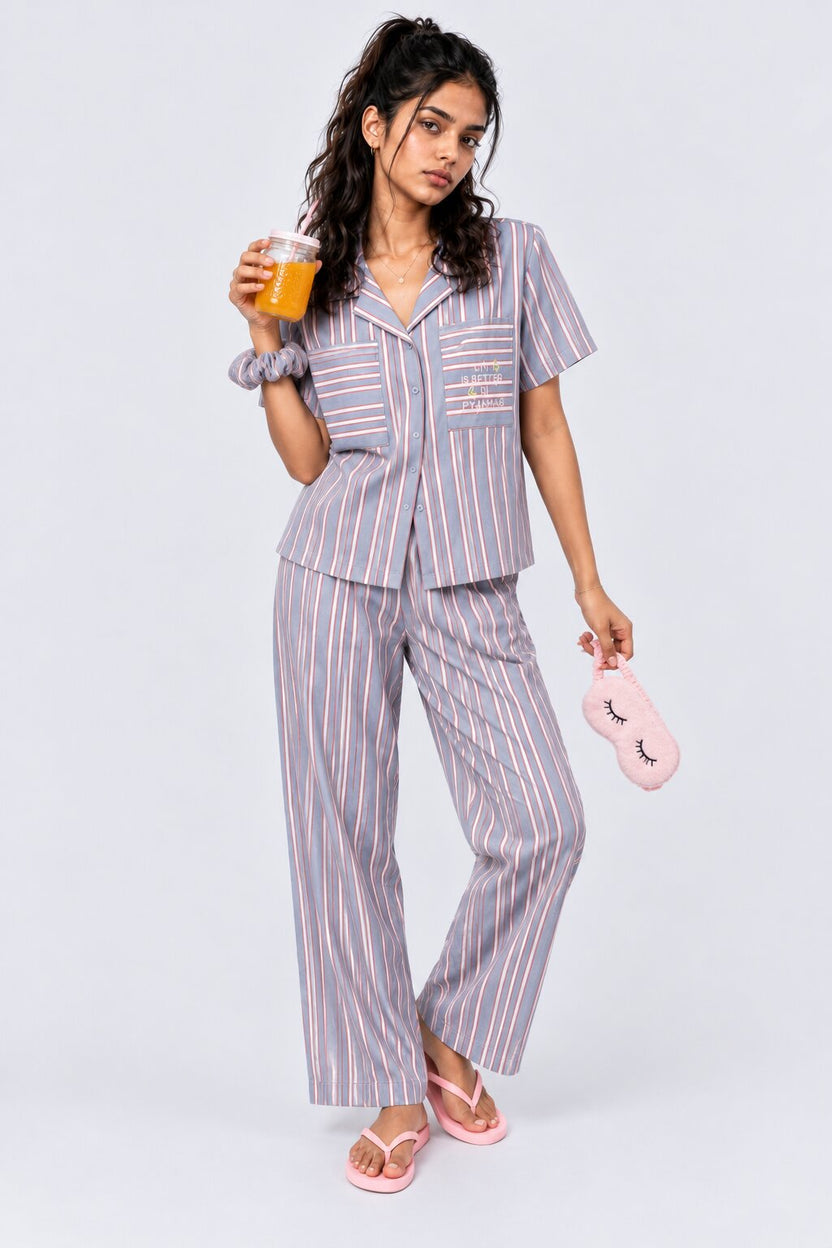 Womens Blue Striped Twill Braless Pyjama Set - Image 6