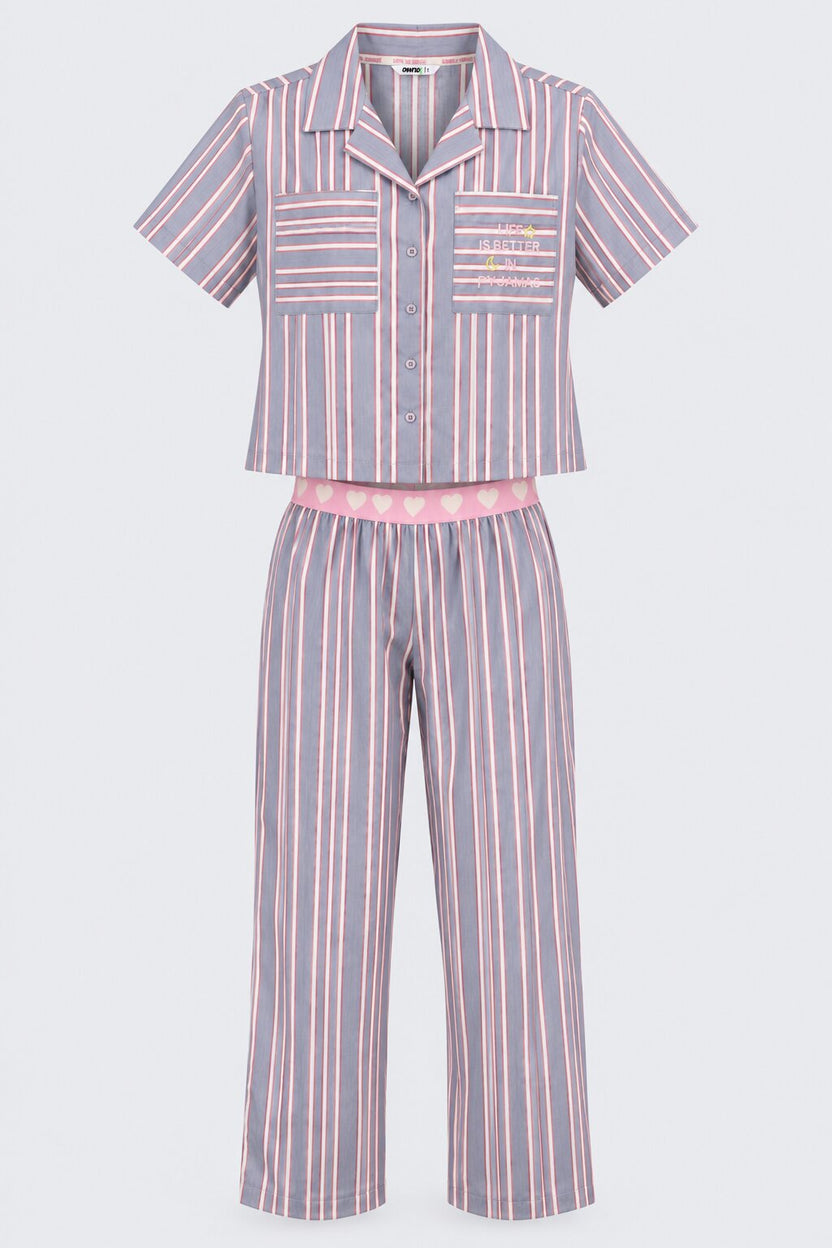 Womens Blue Striped Twill Braless Pyjama Set - Image 7